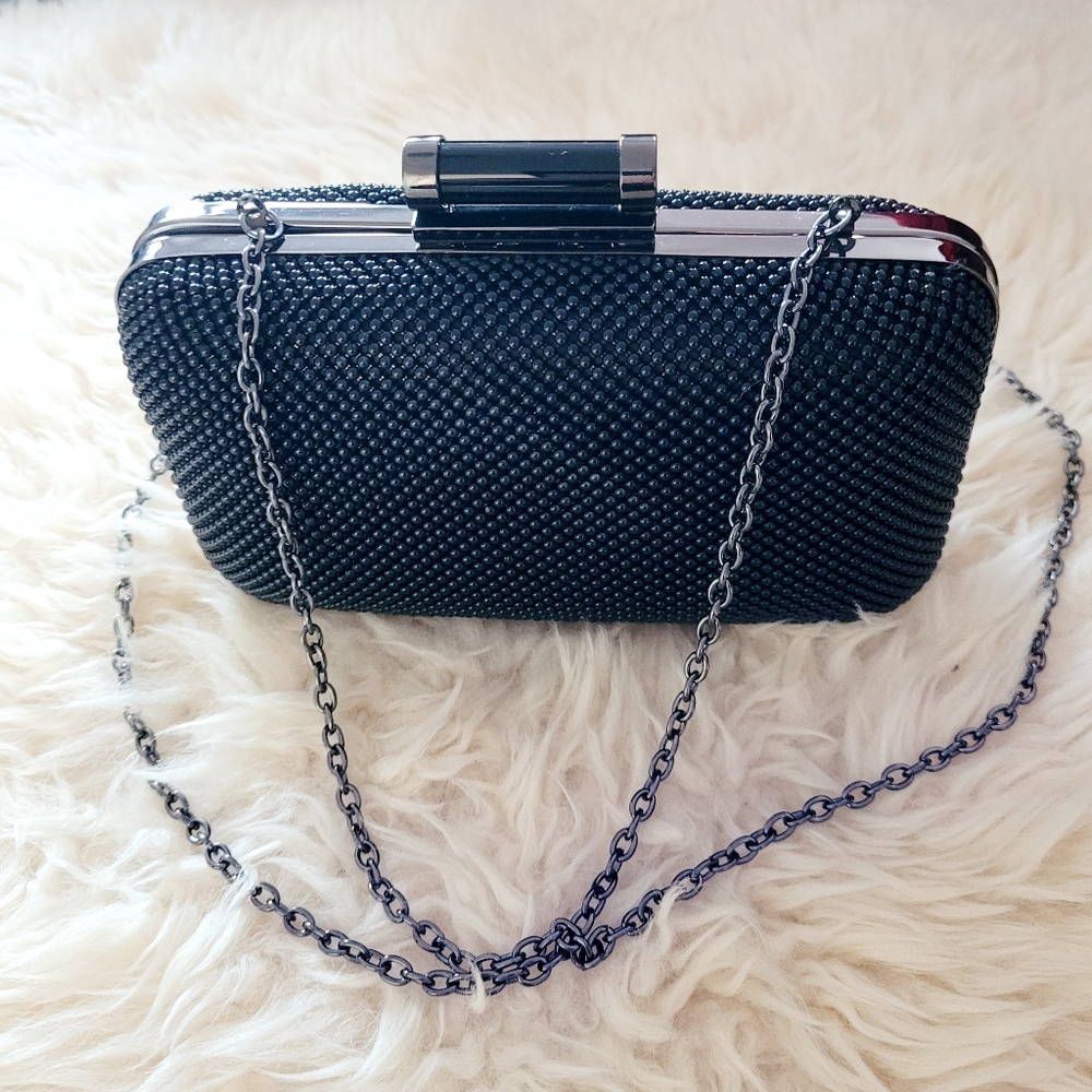 Jessica McClintock Black, Beaded, Clutch Purse / Crossbody Evening Bag, w/Chain